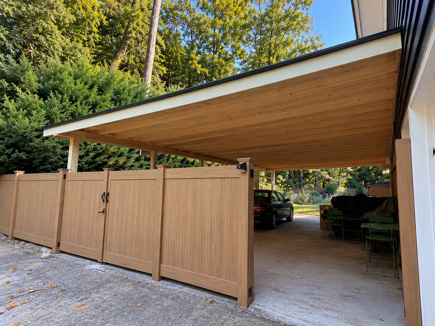 Completed timber carport with a paneled ceiling, matching privacy fence and double gate beside a home
